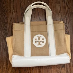 Tory Burch Canvas Jute Tote Bag with Leather Accents